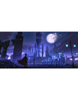 Gothic skyline spires under moonlight anime desk pad, cyan street lamps, 36x16 inches.