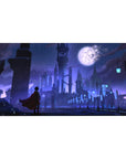 Gothic skyline anime desk pad 40x20 inches with moonlit spires, arches, and cyan street lamps.
