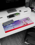 32x12 inches anime mouse pad showing lone schoolgirl facing a battle-worn white mech amid drifting petals.