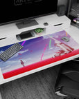 Anime desk pad 40x20 inches with lone uniformed girl facing battle-worn white mech amid drifting petals.