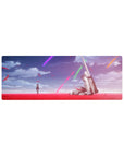 32x12 inches anime mouse pad with girl in dark uniform, red petals field, fallen white mech, neon sky.