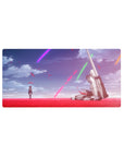 32x16 inches anime mouse pad with girl in dark uniform before a fallen white mech in red petals.