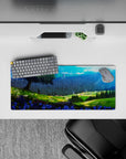 Attack on Titan mouse pad, 28x12 inches, featuring a serene landscape with wildflowers, rolling hills, and a massive wall.