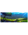 Attack on Titan anime mouse pad, 32x12 inches, features a tranquil scene with sunlight, wildflowers, and a distant wall.