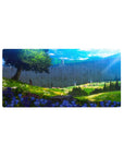 Anime mouse pad 32x16 inches featuring a serene Attack on Titan scene with sunlight, wildflowers, and distant wall.