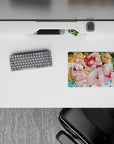 14x10 inches anime girl mouse pad in ocean blues with glossy reds, gold hair, and jewel-like accents.