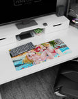 Anime girl mouse pad 28x12 inches featuring two sun-kissed girls lounging by bright turquoise surf.