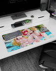 Anime girl mouse pad 32x16 inches showing two sun-kissed girls by bright turquoise waves under palm fronds.