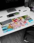 Anime beach scene desk pad 36x16 inches showing two sun-kissed girls lounging by bright waves under palms.