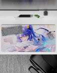 Cozy pastel anime girl mouse pad 32x16 inches in creamy white, sky blue, honey yellow, soft dreamy light.