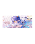 28x12 inches anime girl mouse pad with blue-haired girl on fluffy pillow, gold twin-tail accents, stars.