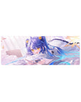 32x12 inches anime girl mouse pad with blue-haired twin tails, gold accents, fluffy pillow and star details.