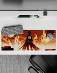 Attack on Titan mouse pad 32x12 inches featuring Eren Yeager in a city aflame, capturing his iconic stance and intense atmosphere.