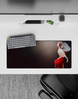 Anime girl mouse pad 28x12 inches in deep crimson and black, soft sparkles, classy nightlife mood.
