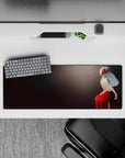 32x12 inches anime desk mat in deep red and black, classy nightlife vibe with soft smoky glow and sparkles.