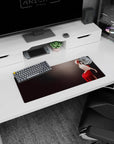 Anime girl mouse pad 28x12 inches showing shy anime girl with crimson ribbon, playful pose in red dress.