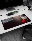 Anime girl mouse pad 32x16 inches showing a shy long-haired anime girl with crimson ribbon in a red dress.