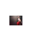 Classic anime girl mouse pad 14x10 inches, red backless dress, smoky dark gradient, floating sparkles.