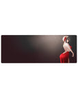 32x12 inches anime girl mouse pad with red backless dress, crimson ribbon, smoky dark gradient sparkles.