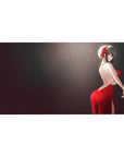 Anime girl desk pad 40x20 inches, red backless dress with crimson ribbon on smoky dark gradient.