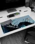 Artistic 36x16 inches desk pad featuring Dragon's Abyss design, with a fierce dragon and abstract strokes in deep blues and teal for creative energy.