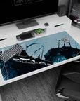 Large 40x20 inches desk pad featuring Dragon's Abyss design, with deep blues and teal tones forming a fierce dragon and abstract strokes for a dynamic look.