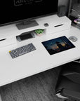 Shy anime girl by the balcony at night mouse pad 14x10 inches, city skyline sparkling outside.