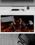 32x16 inches anime desk pad in fiery orange and black, with a dark fantasy battle mood.