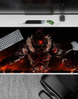Anime desk pad 40x20 inches in black, steel, and orange firelight with an intense last-stand battle mood.