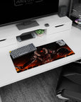 28x12 inches anime mouse pad featuring a scarred armored fighter with red eyes, shield, and sword.
