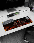 32x12 inches anime mouse pad showing a scarred armored warrior with glowing red eyes under a burning sky.