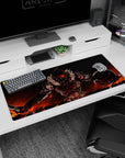 Anime desk pad 36x16 inches showing a scarred steel warrior with glowing red eyes under a burning sky.