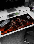 Anime desk pad 40x20 inches showing a red-eyed armored warrior with fur collar under a burning sky.