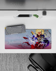 28x12 inches anime mouse pad in icy white, deep violet, and blazing gold, bold contrast and playful hero vibe.