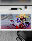 32x16 inches anime girl mouse pad in icy white, deep violet, and blazing gold with brave playful energy.