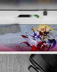 Icy white, deep violet, and blazing gold anime girl desk pad 36x16 inches, brave and playful energy.