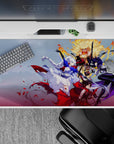 40x20 inches anime desk pad in icy white, deep violet, and gold with bold, playful battle energy.