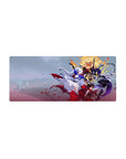 28x12 inches anime girl mouse pad with three heroines, swirling cloaks, petals, and sharp sword poses.