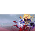 Anime girl desk pad 36x16 inches with three heroines, petals, capes, and crisp high-contrast art.