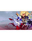 40x20 inches anime girl desk pad with silver-haired heroine, fiery fighter, and purple swordswoman art.