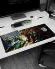 Epic clash artwork on 36x16 mouse pad captures the intensity of armored warriors in vivid detail