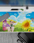 Summer calm desk pad 40x20 inches in sky blue, soft green, and sunflower gold with breezy vibes.