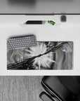 28x12 inches anime mouse pad in smoky grayscale with deep shadows, high contrast, and vortex motion.