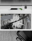 32x16 inches anime mouse pad in smoky grayscale vortex, high-contrast shadows, intense late-night vibe.