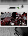 Dark crimson and white lace anime girl mouse pad 32x16 inches with red petals and moody glow.
