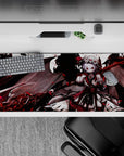 Dark crimson and black anime desk pad 36x16 inches, smoky castle vibe with romantic gothic mood.