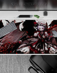 Dark crimson and white lace anime desk pad 40x20 inches, moody gothic romance over smoky skyline.