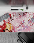 40x20 inches desk pad with Zero Two from Darling in the Franxx, showcasing her in a kimono with sakura blossoms, creating a serene and elegant atmosphere.