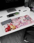 Artistic 36x16 inches desk pad with Zero Two from Darling in the Franxx, blending her elegance in a kimono with the serene beauty of cherry blossoms.