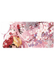 Mouse pad featuring Zero Two from Darling in the Franxx, 32x16 inches, in a kimono surrounded by cherry blossoms and soft pink sakura hues.